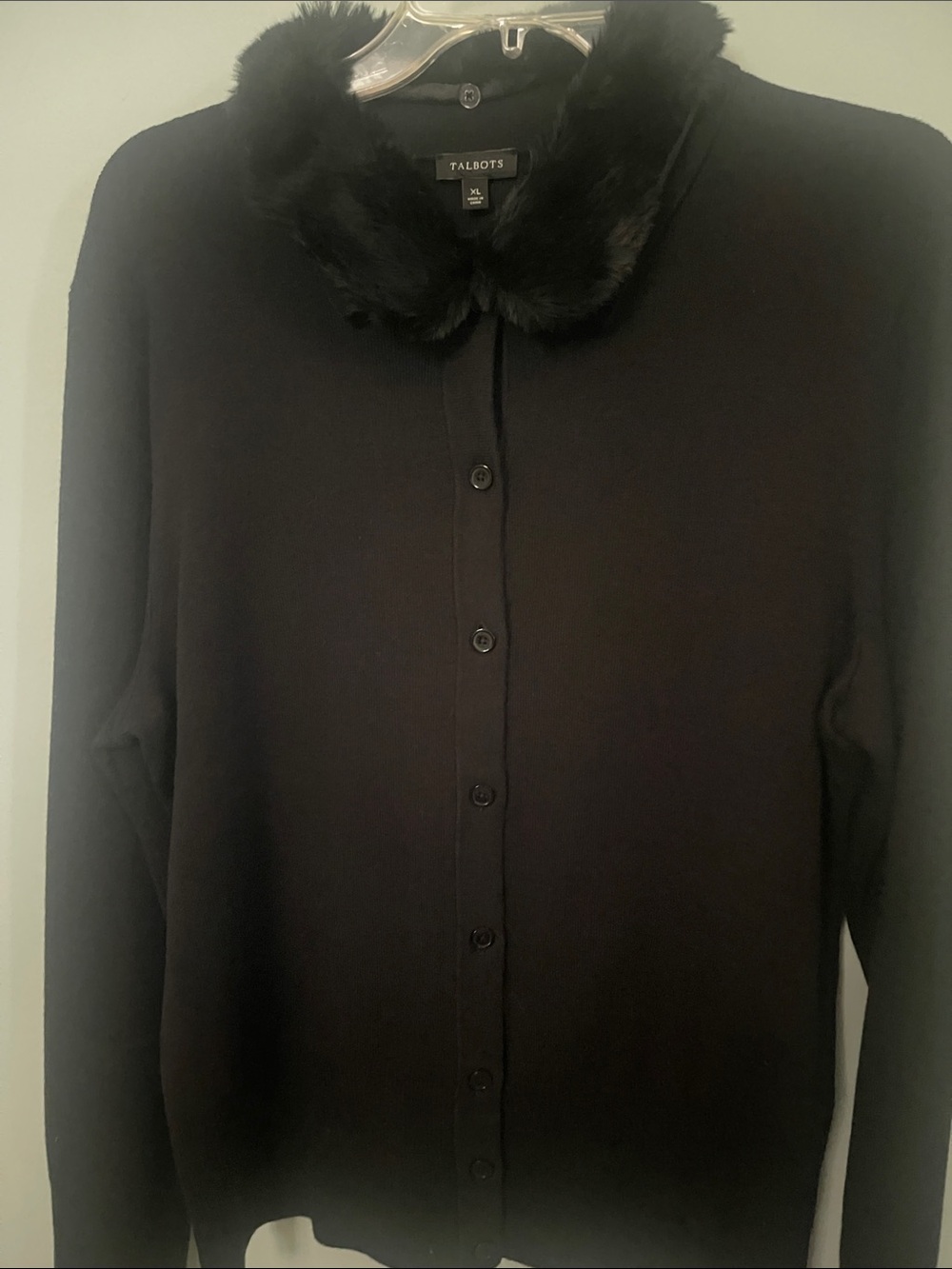 Talbots Black Button-Front Sweater with Detachable Faux Fur Collar